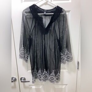 Alfani sheer mesh black blouse with white embroidery detail Size Large